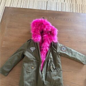 Lola and the Boys Green Parka lined with Pink Faux Fur size 6